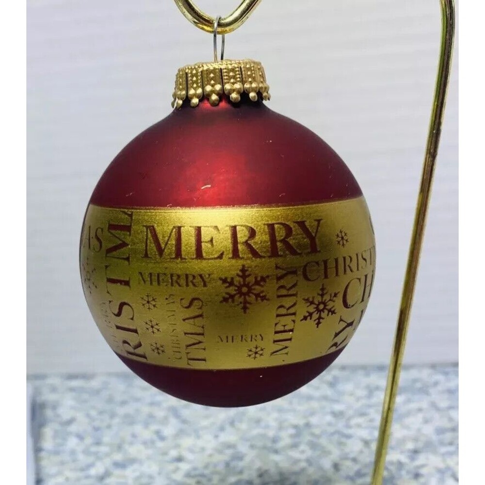 Vtg Krebs 3 Maroon Red Gold  Glass Ornaments  Says Merry Christmas